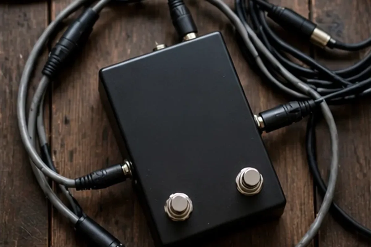 Unbranded looper pedal with cables on a wooden floor