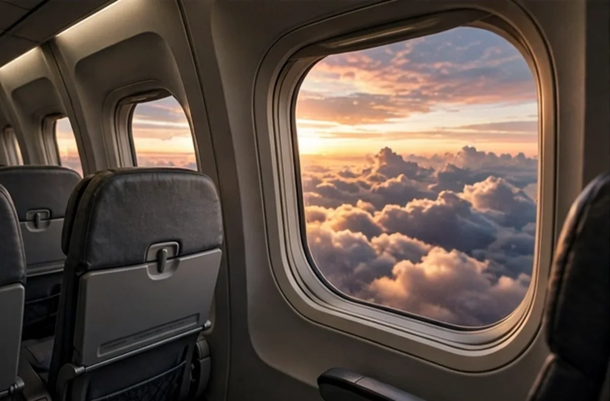 Aeroplane cabin window above sunset clouds