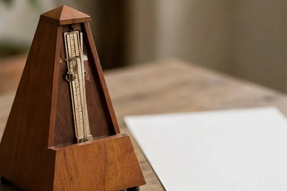 Wooden pyramid metronome on a desk