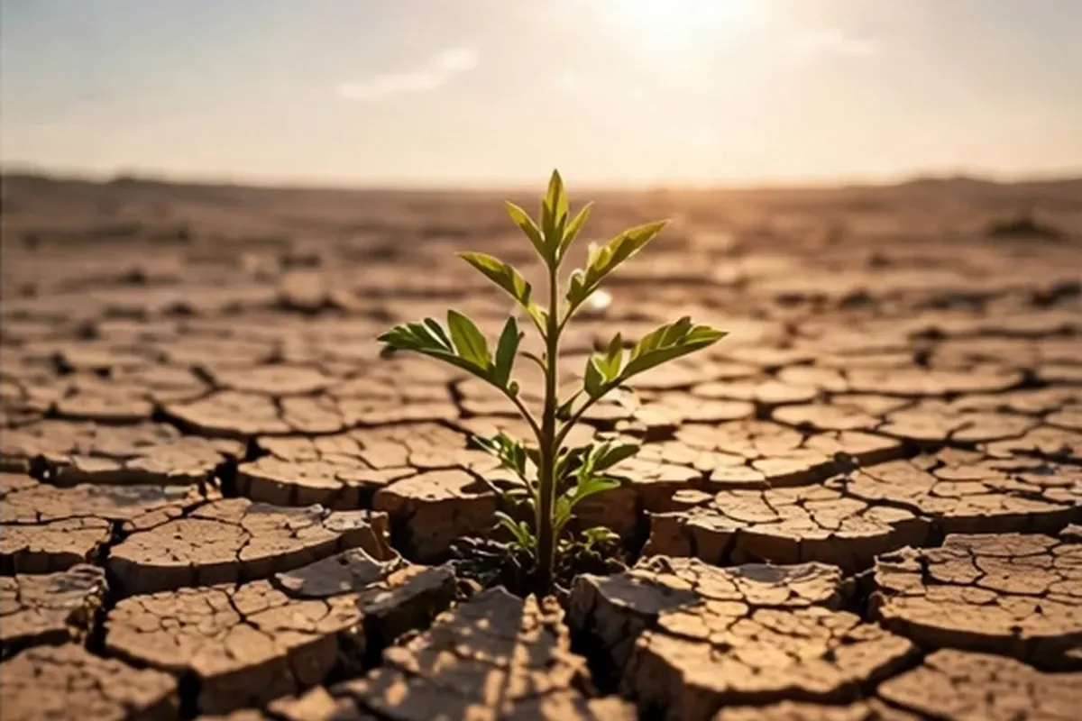 Small green plant growing in dry cracked earth under the sun