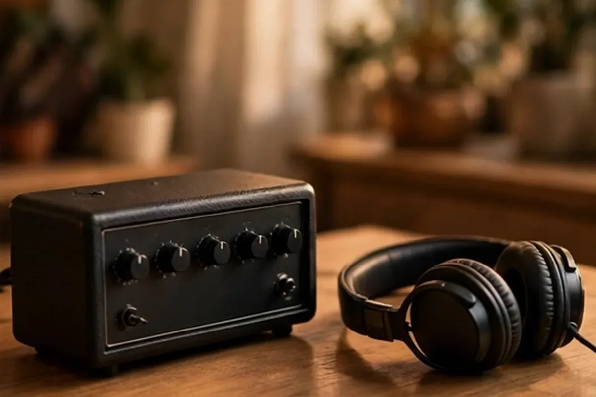 Small practice amplifier and headphones on a desk