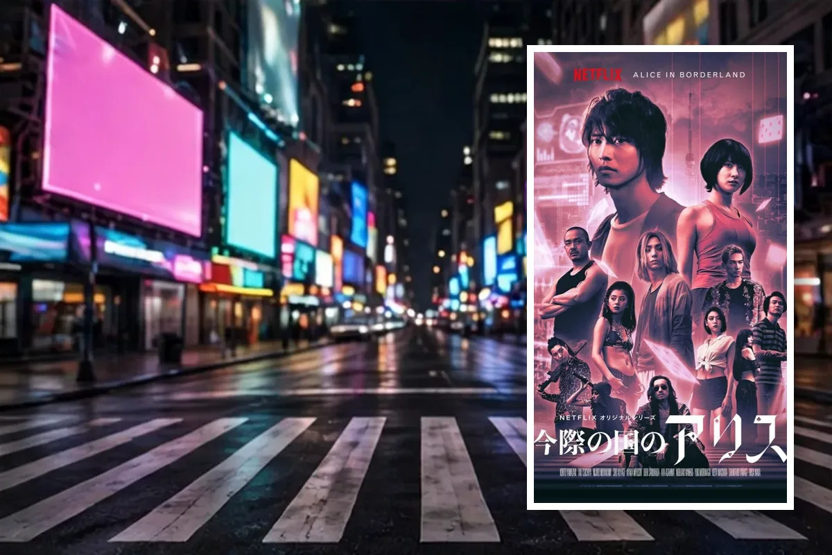 Alice in Borderland Netflix poster placed over an empty city crossing at night