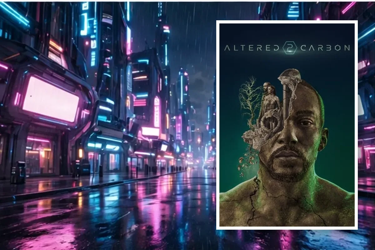 Altered Carbon poster placed over a rainy neon city street at night