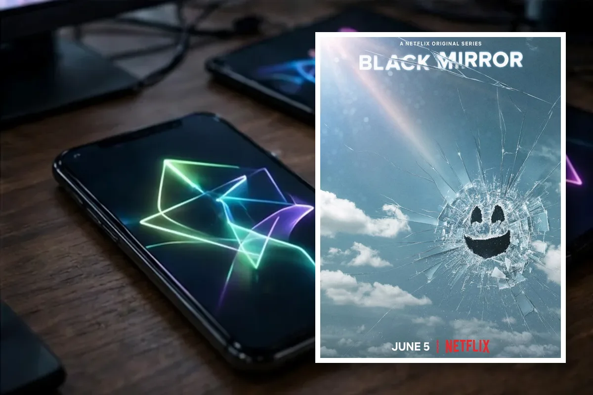 Black Mirror series poster placed on a desk with smartphones