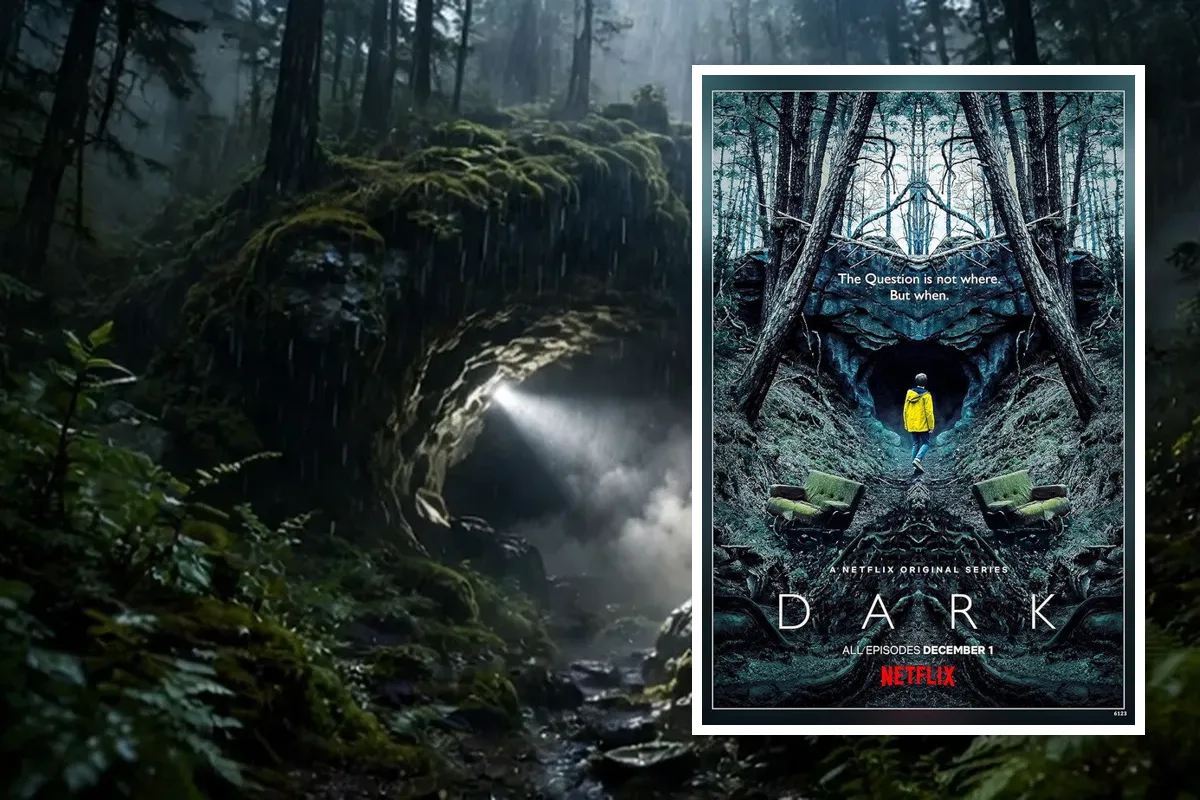Dark Netflix series poster placed in a misty forest cave scene