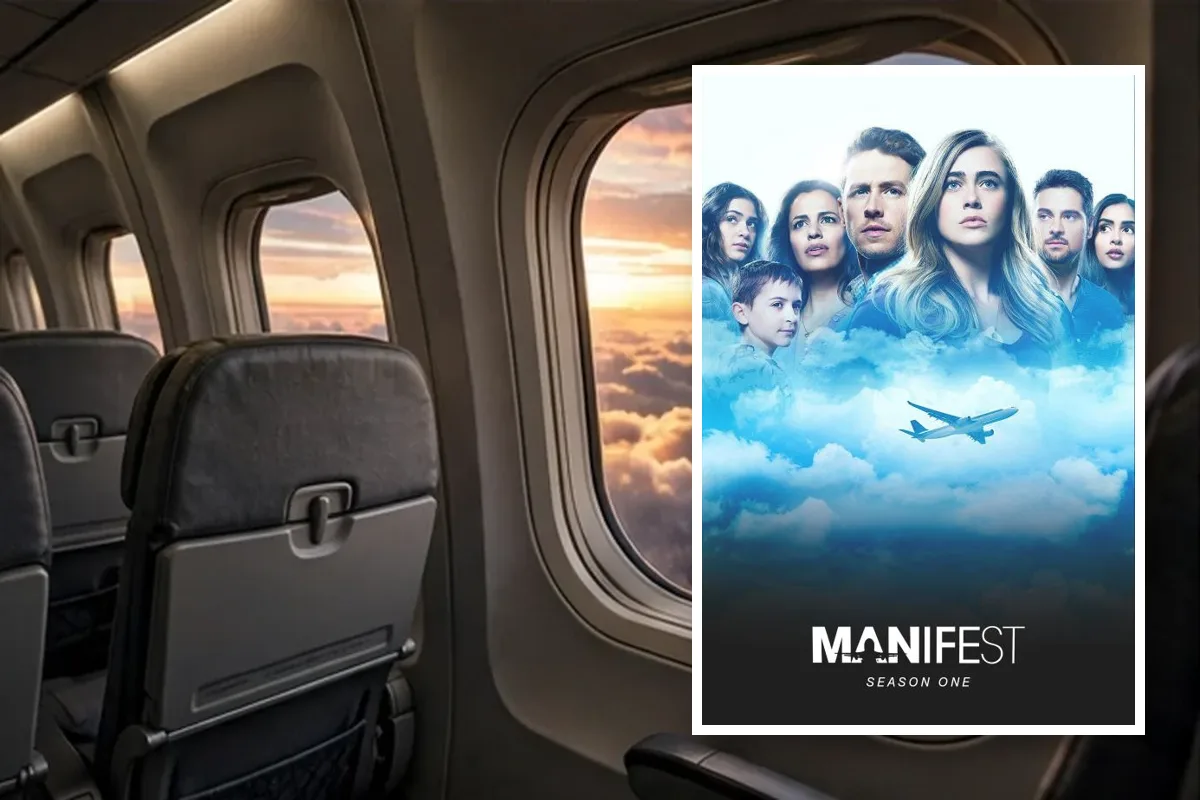 Manifest season 1 poster placed inside an aeroplane cabin at sunset