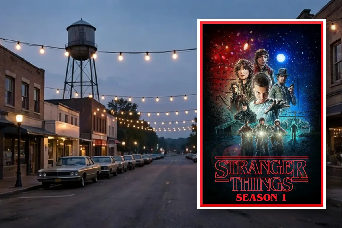 Stranger Things season 1 poster placed in a small town street at dusk