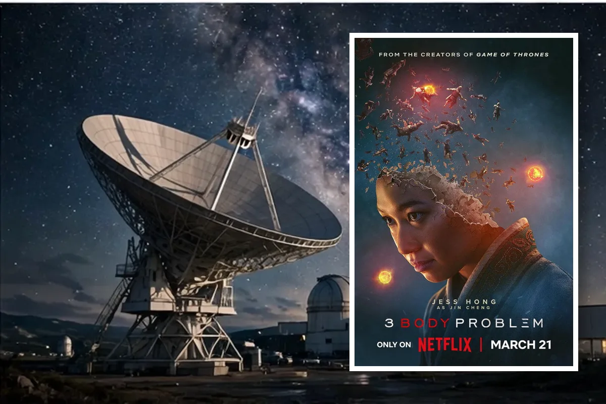 3 Body Problem Netflix poster placed beside a radio telescope under a starry sky