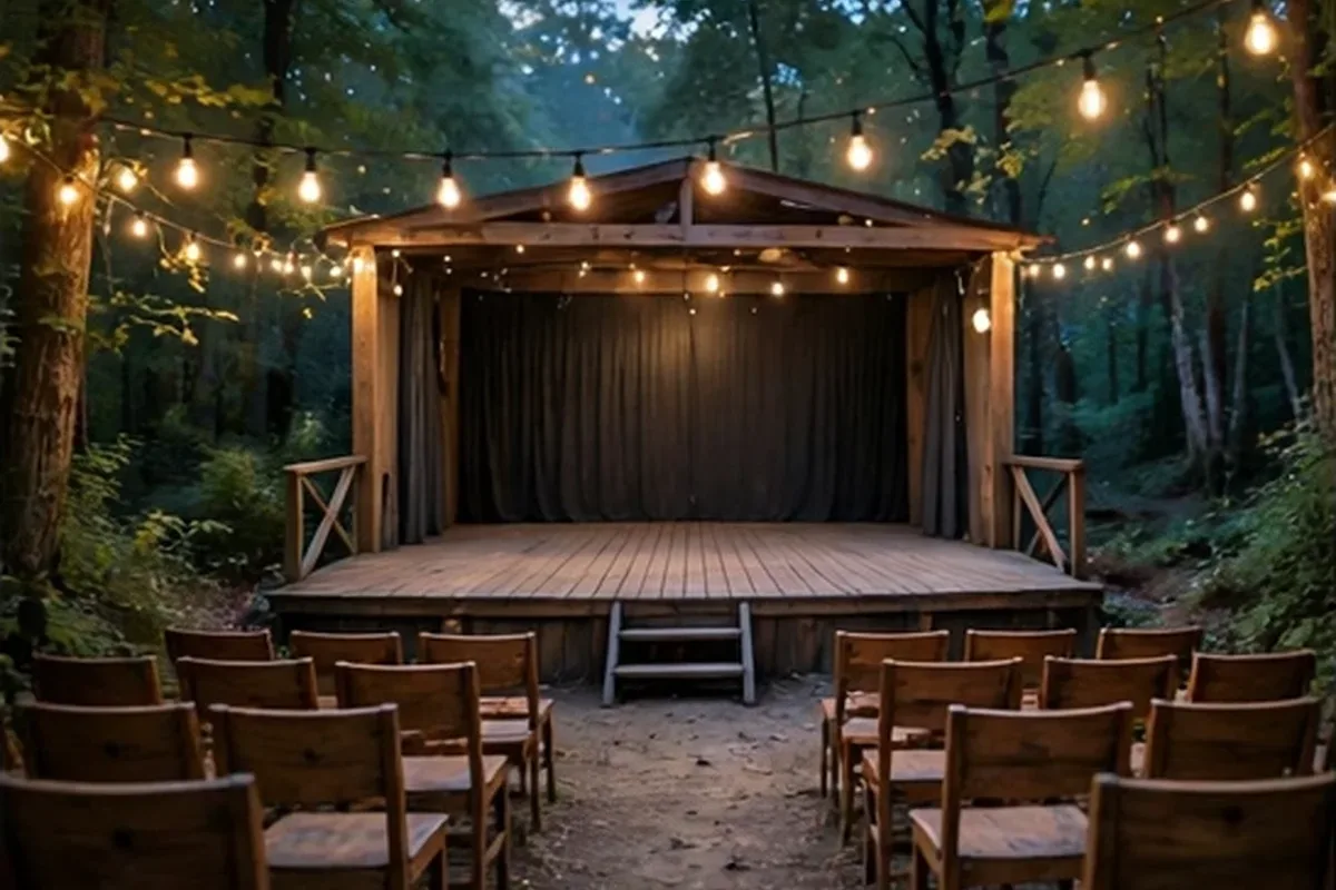 Outdoor theatre stage in a forest clearing with string lights