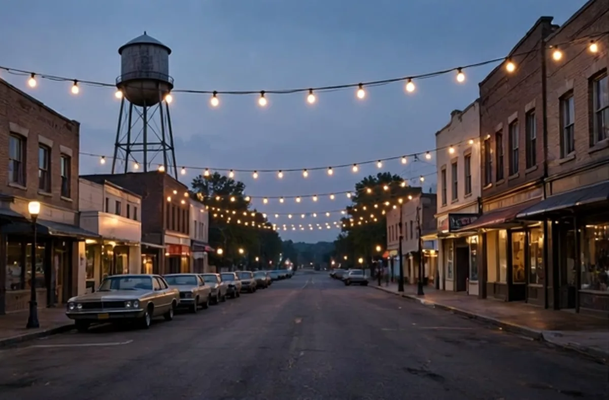 Small town street at dusk with a water tower and string lights