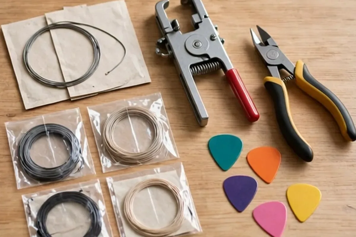 Spare guitar strings, winder, cutter and picks flat lay