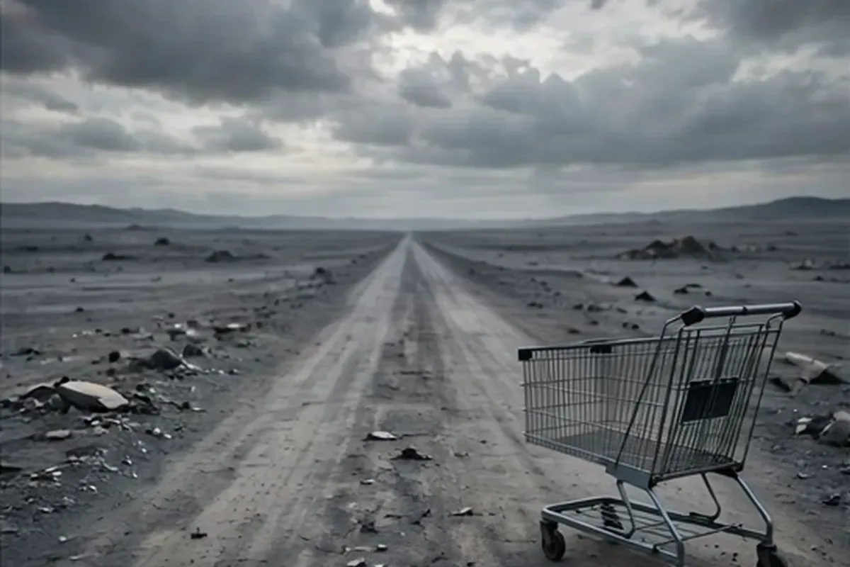 Empty road through a grey wasteland with a shopping cart