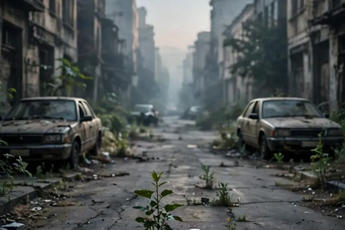 Deserted city street with abandoned cars after a collapse