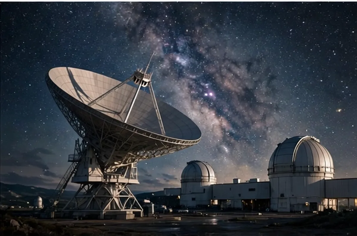Radio telescope and observatory under a starry sky
