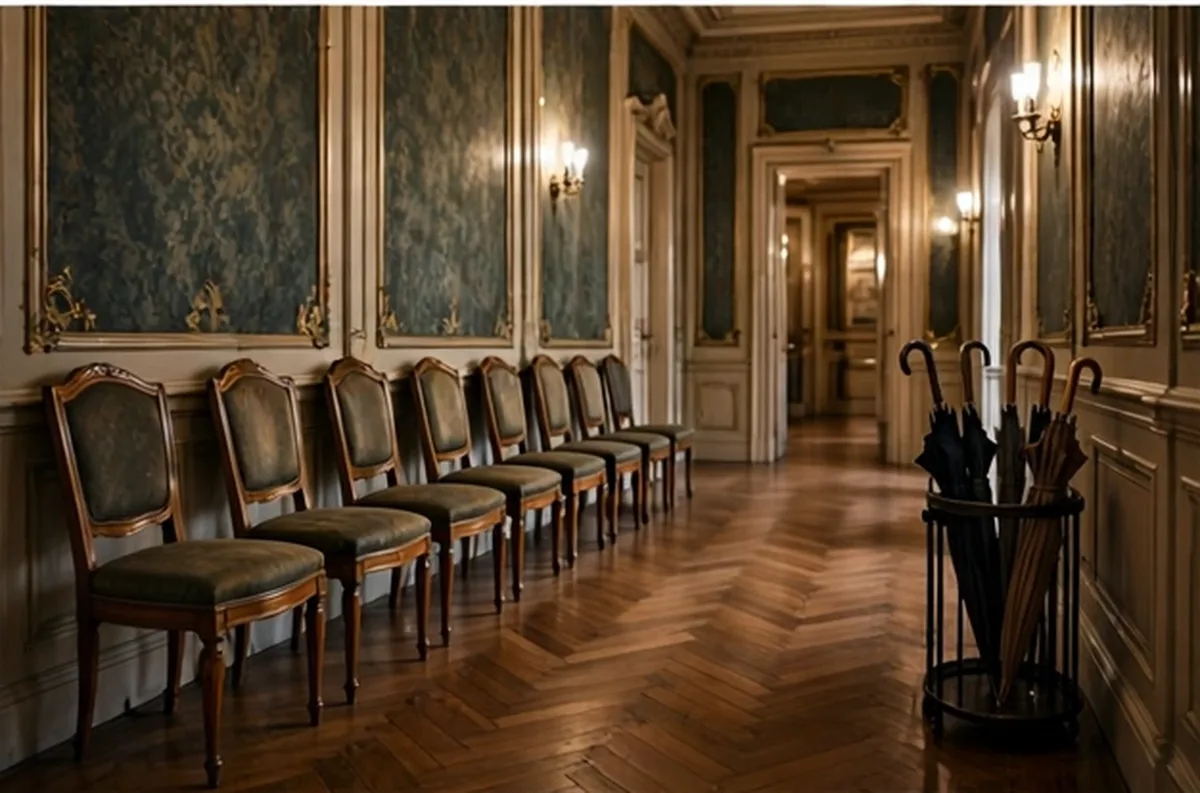 Elegant mansion hallway with chairs and umbrellas