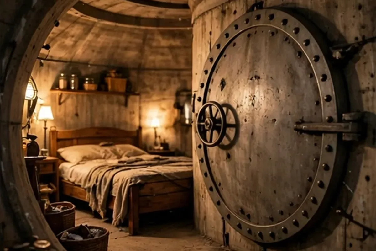 Underground silo room with a heavy round metal door