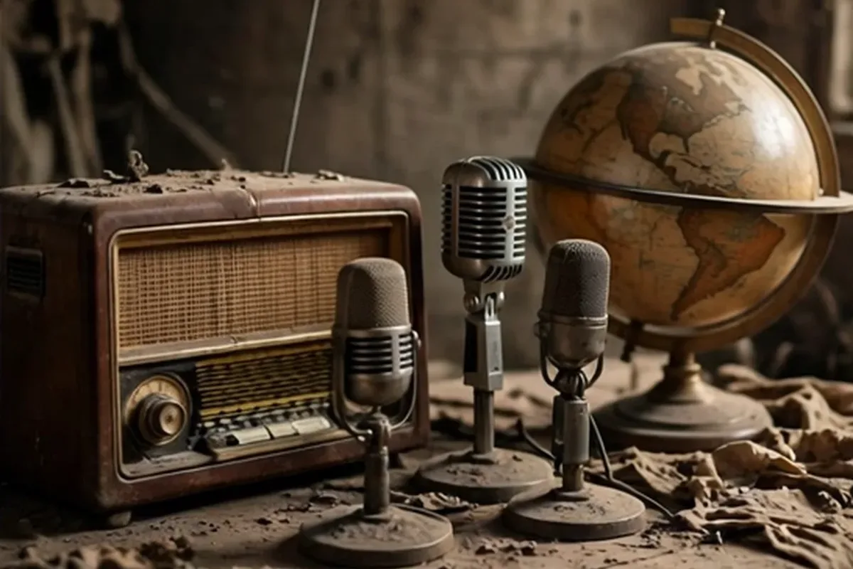 Old radio, microphones and a globe on a dusty table